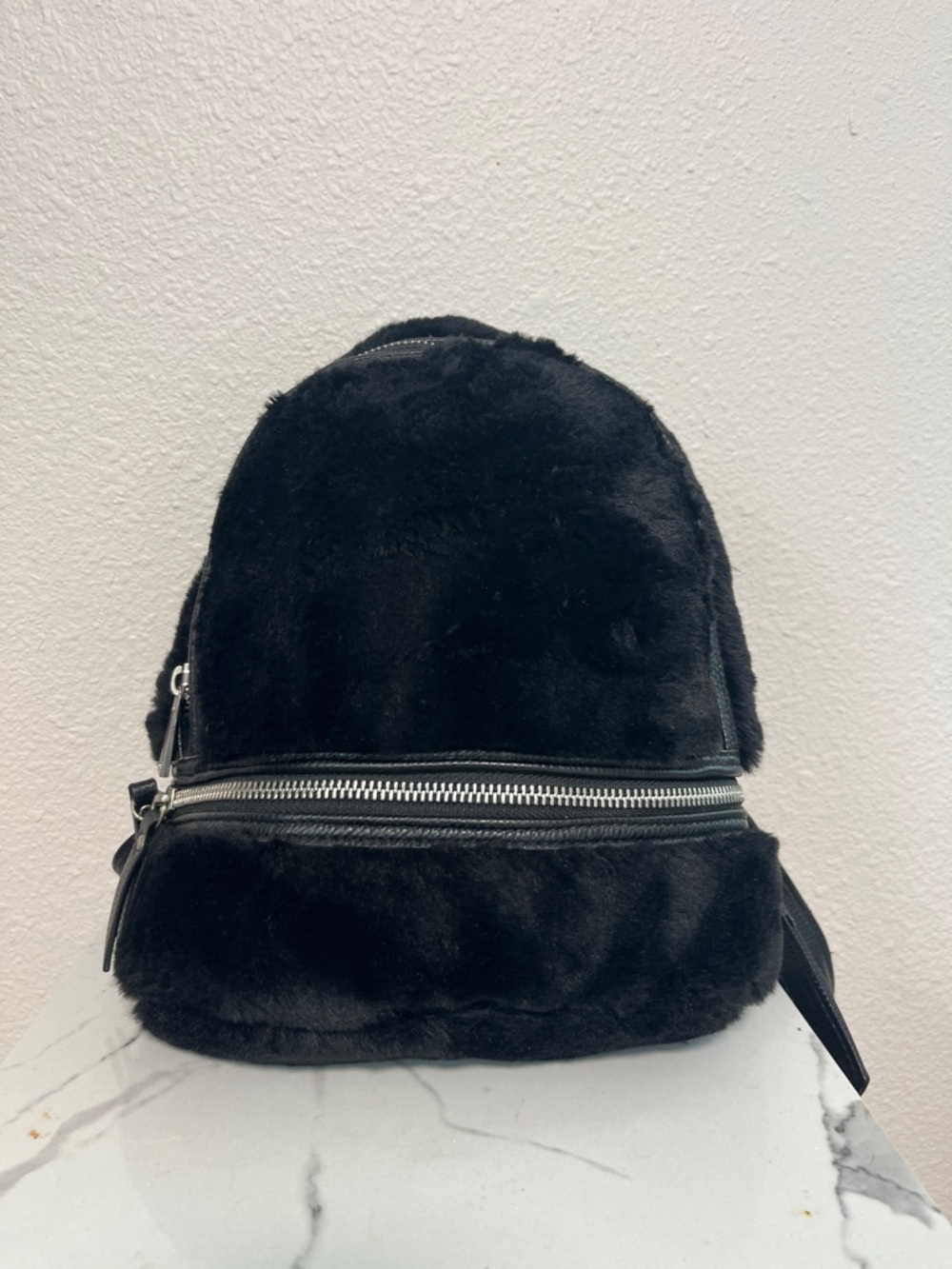 Plush Black Faux-Fur Mini Backpack